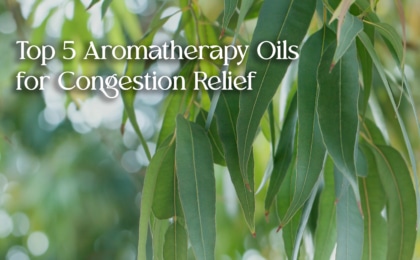 Top 5 Aromatherapy Oils for Congestion Relief text over green eucalyptus leaves