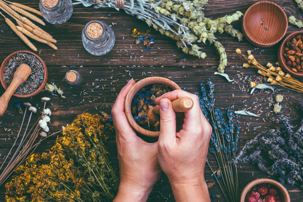 herbs and hands on table hands grinding dried herbs in wooden mortar and pestle on a table surrounded by herbal ingredients