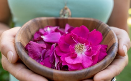 A woman holds a wooden bowl full of pink roses and rose petals