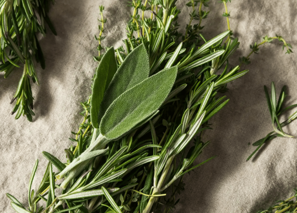 herb bundle with graden sage, rosemary and thyme