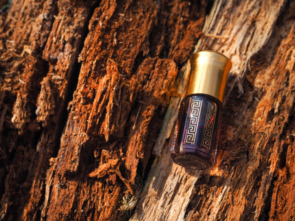 Attar & Oud A bottle of attar perfume resting on Agarwood/Oud
